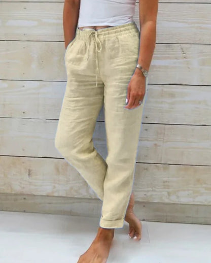 Pantalon élastique uni en coton et chanvre
