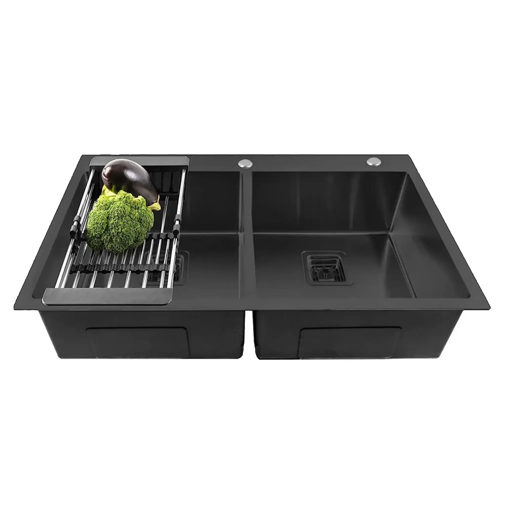 304 Handmade (45"x20"x10) Inch Stainless Steel Double Bowl Black Kitchen Sink With Tap Hole-0