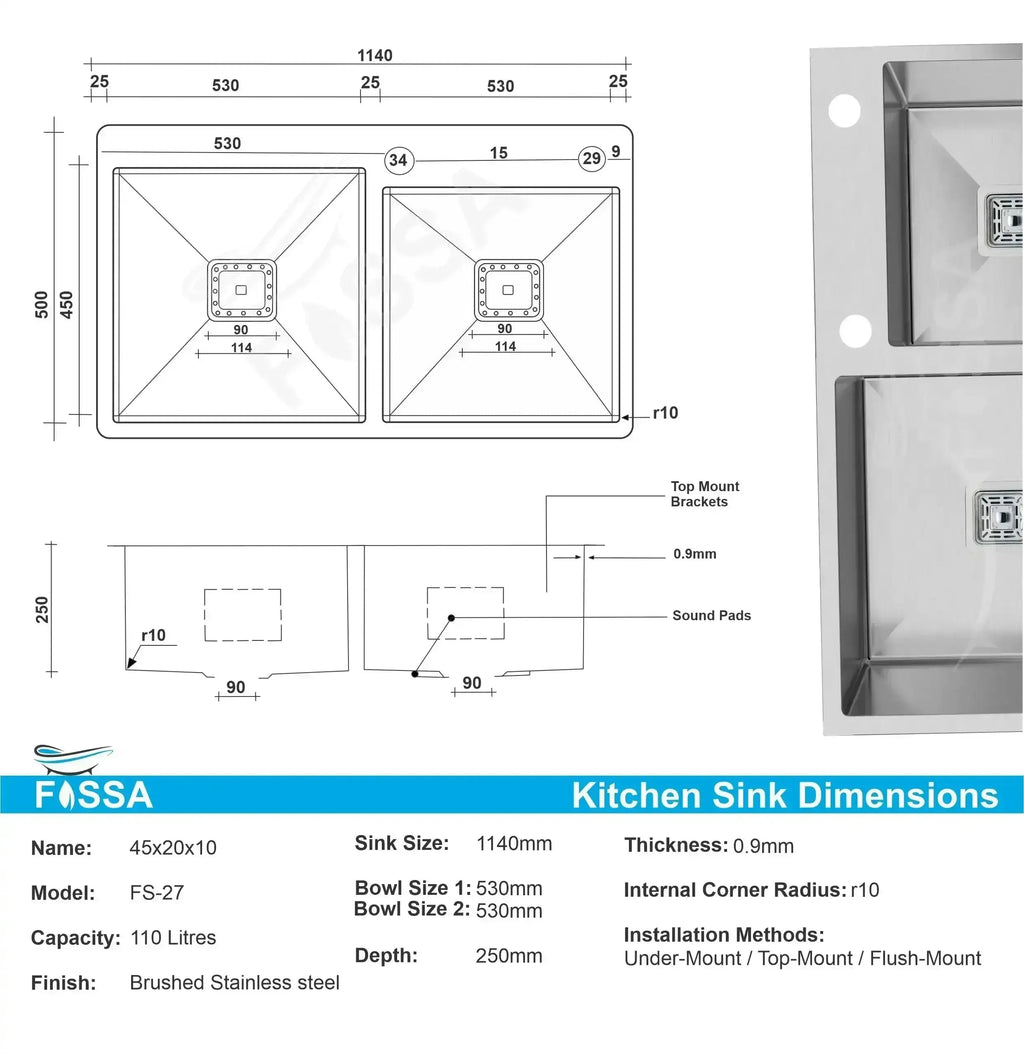 304  Handmade (45"x20"x10'') inch Stainless Steel Double Bowl Silver  Kitchen Sink With Tap Hole-1