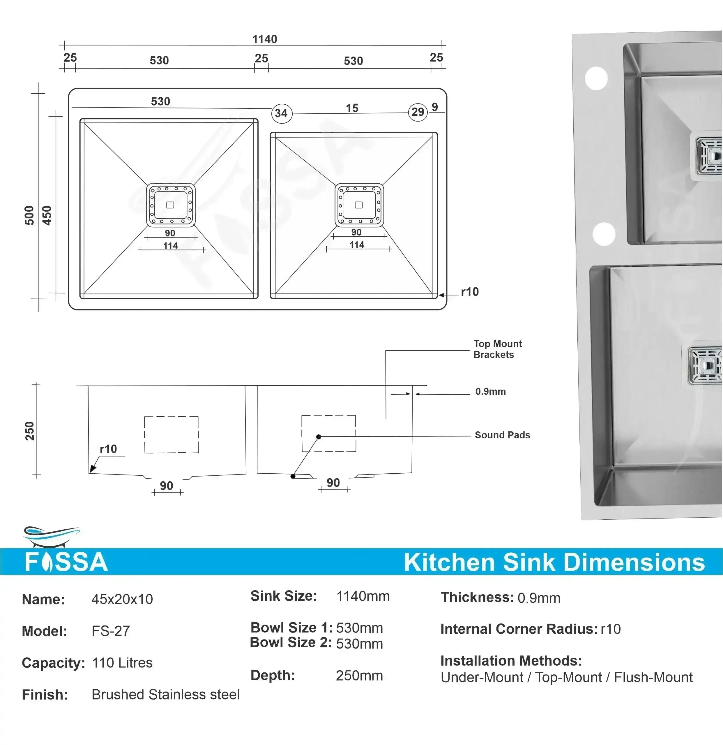 304  Handmade (45"x20"x10'') inch Stainless Steel Double Bowl Silver  Kitchen Sink With Tap Hole-1