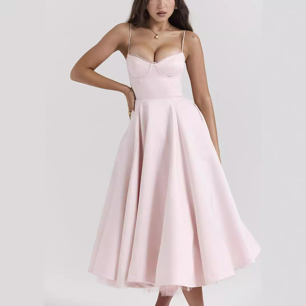 Vestido largo abullonado sin mangas con cuello en V para mujer