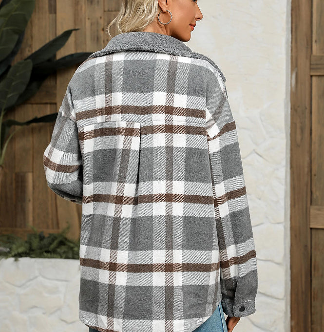 Veste décontractée en velours à col polo et à carreaux de couleur contrastée pour femme