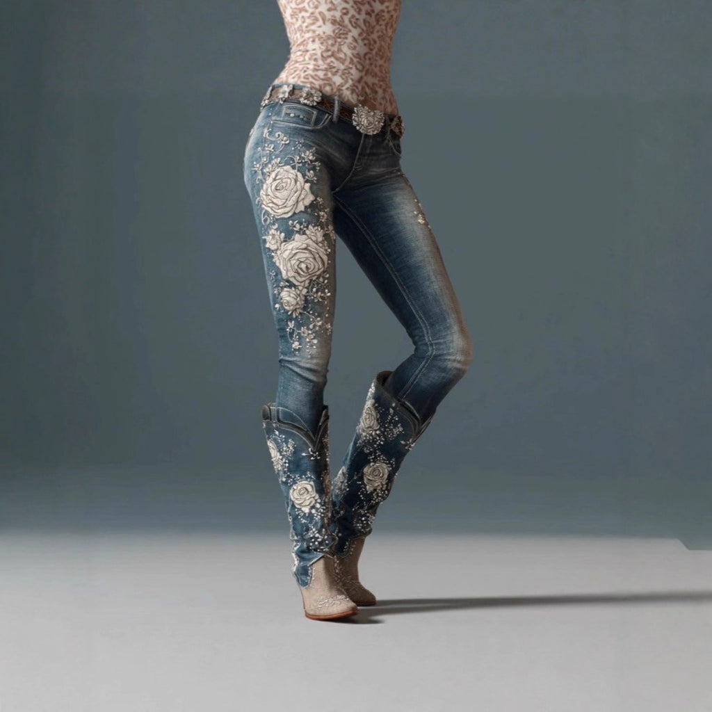 Pantalon en faux jean fleuri et coloré pour femme