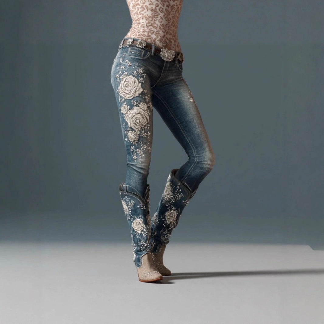 Pantalon en faux jean fleuri et coloré pour femme