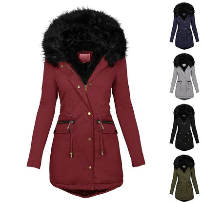 Women's plush hooded parka in burgundy with black faux-fur trim, mid-length zip-front coat with buckle pockets.