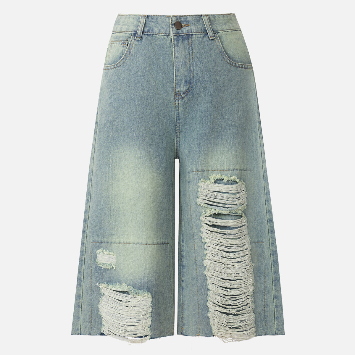 Pantalones Cropped Holgados de Mezclilla Desgastada Chic