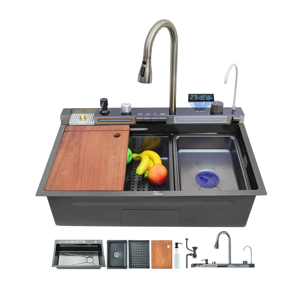 (30 x 18 x 10) Inch 304 Piano 5 Keys Smart Kitchen Sink  Black-0