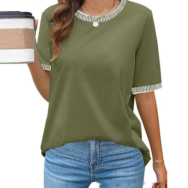 T-shirt rayé multicolore tricoté à manches courtes de style décontracté européen et américain