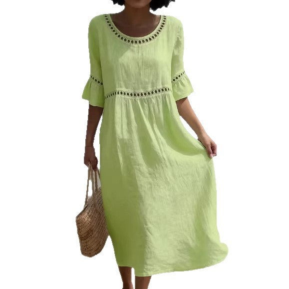 Elegant Casual Crew-Neck Three-Quarter-Sleeve Solid-Color Dress