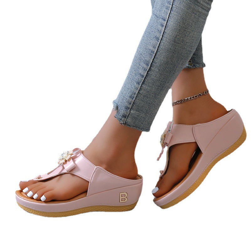 Tongs compensées à fleurs pour femmes, grandes tailles, pantoufles de plage