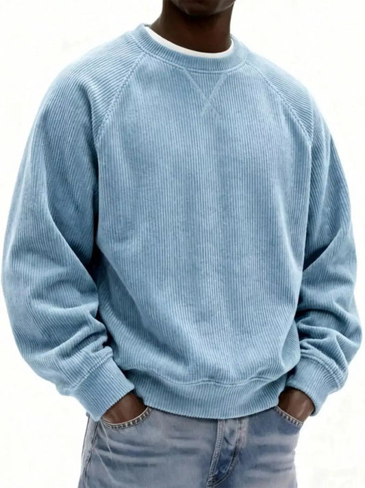 Mens plus-size corduroy crew-neck sweatshirt in light blue, stretch cotton