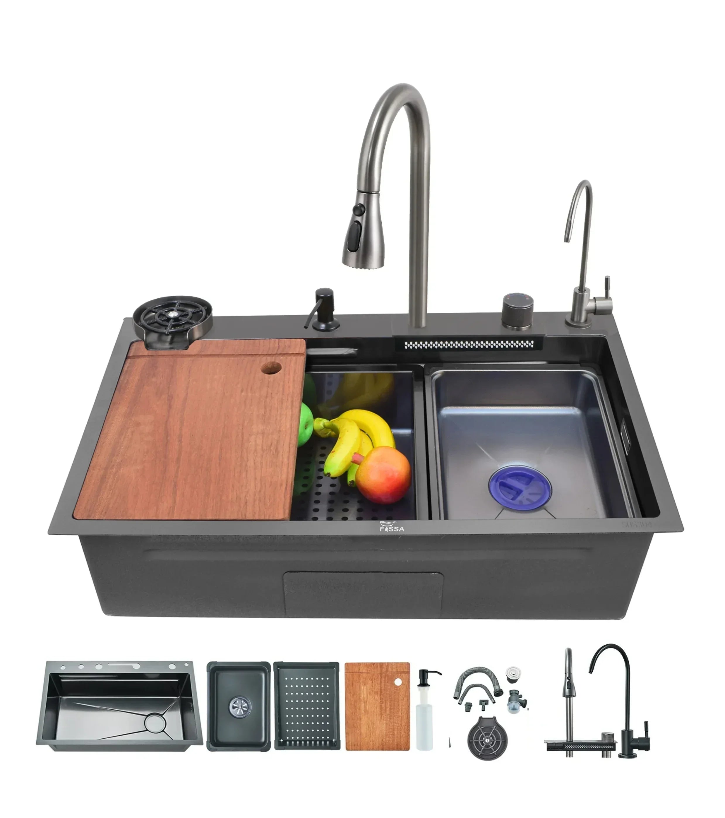 Smart Waterfall (30 x 18 x 10) Inch 304 Stainless Steel Kitchen Sink Black-0