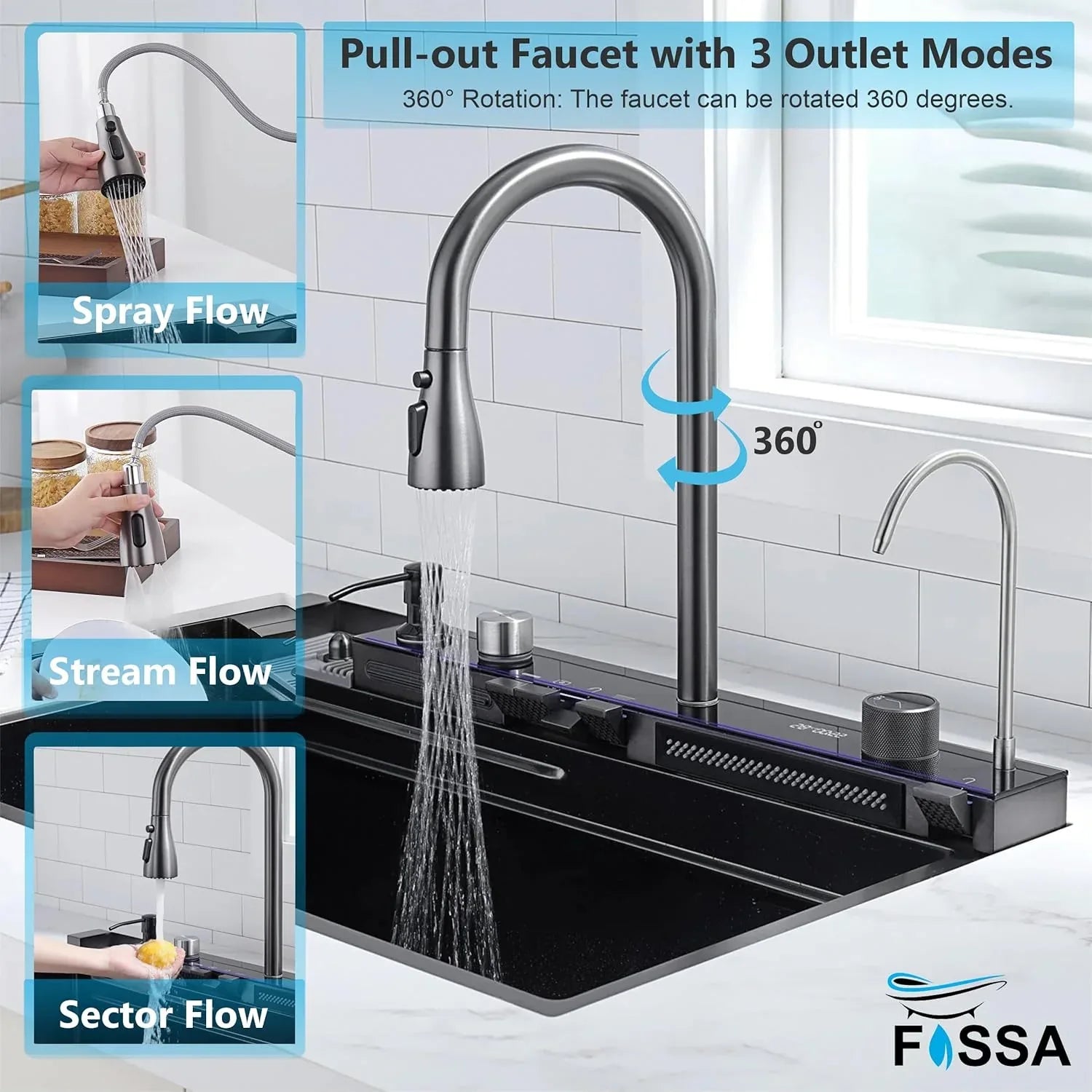 (30 x 18 x 10) Inch 304 Piano 5 Keys Smart Kitchen Sink  Black-3