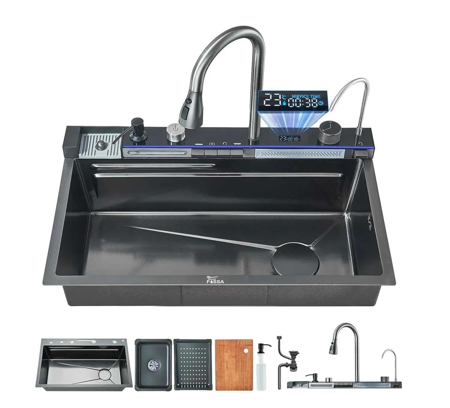 (30 x 18 x 10) Inch 304 Piano 5 Keys Smart Kitchen Sink  Black-2