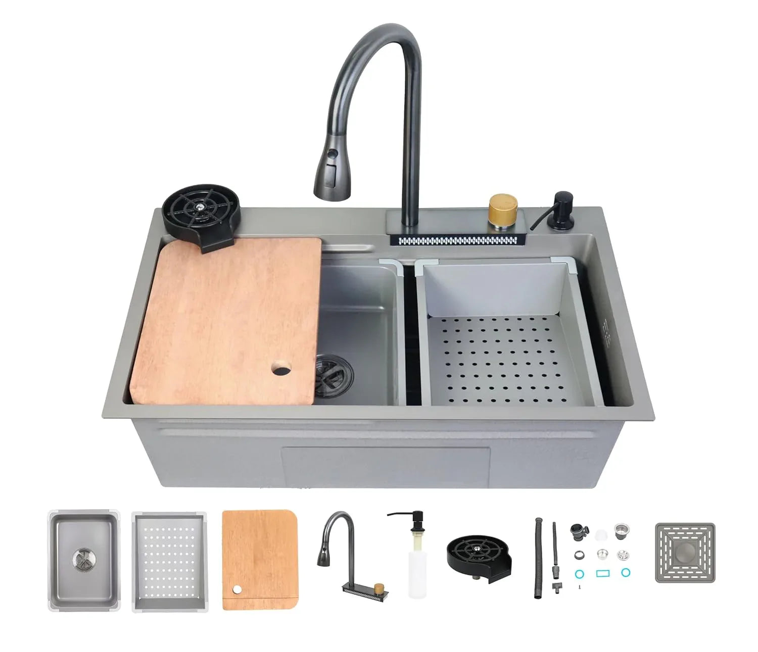 Smart Waterfall (30 x18 x 09 ) Inch 304 Stainless Steel Kitchen Sink Grey-0