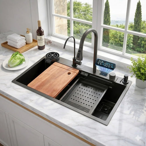 (30 x 18 x 10) Inch Black 304 Piano 2 keys Smart Kitchen Sink-0