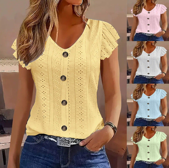 Solid Color Jacquard V-neck Buttons Long Sleeve T-shirt