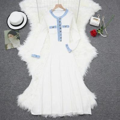 Autumn/Winter New Long Sleeve Denim Knit Maxi Dress, Simple Short Sleeve Long Dress, Slim Fit Sweater Dress V-Neck by eprolo