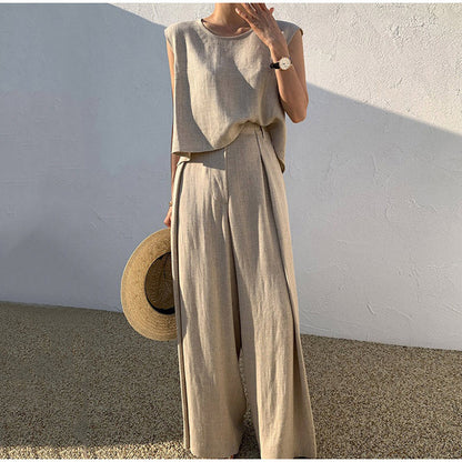 Ensemble deux pièces décontracté sans manches en coton et lin avec pantalon large