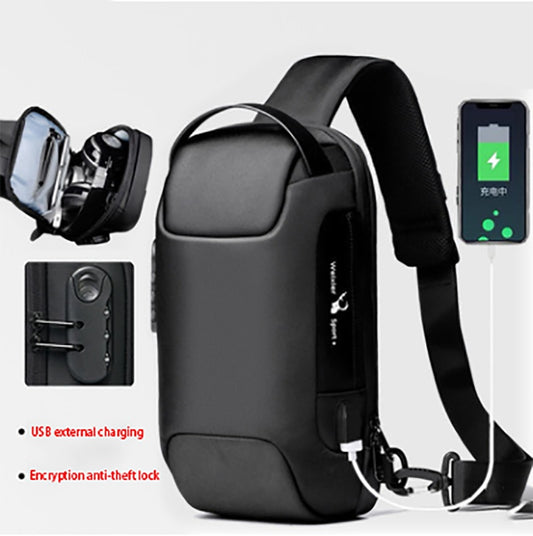 AdTec anti-theft Oxford chest bag with padded laptop sleeve, USB charging, zippered pockets, black