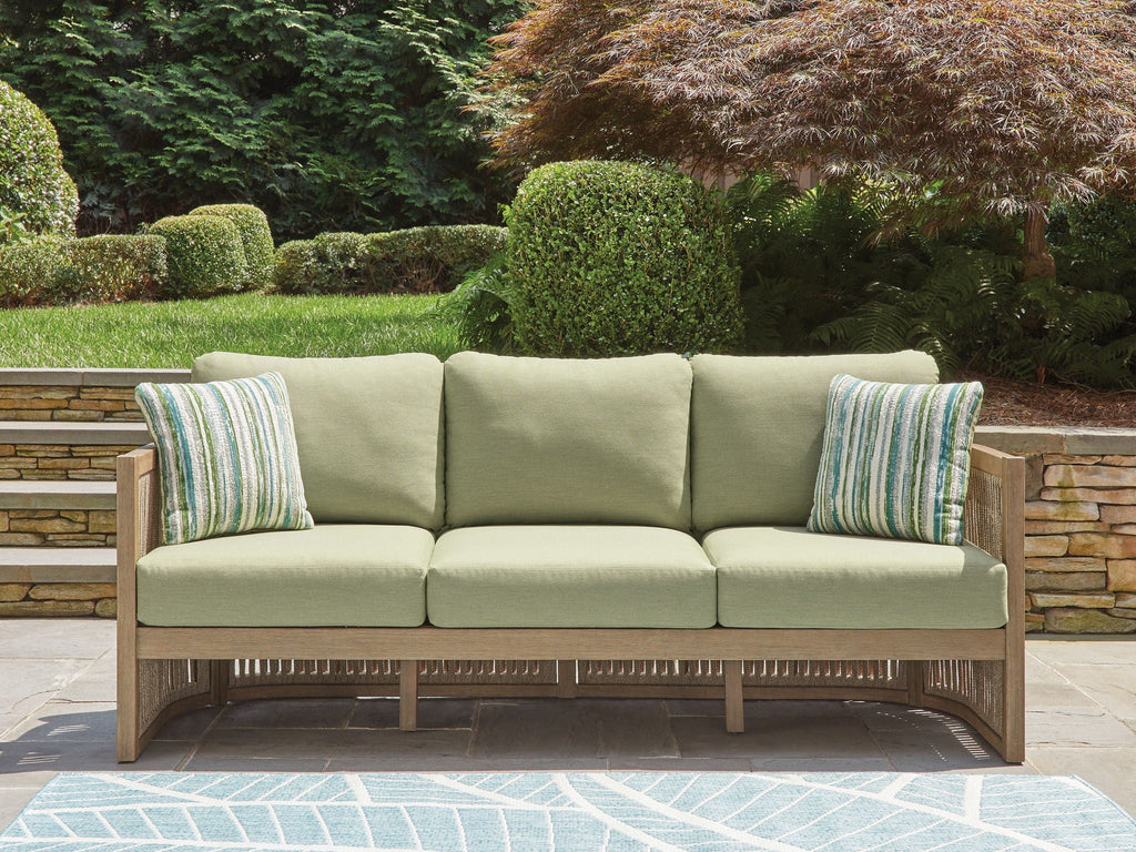 Outdoor Beige Green Cushioned Sofa with Pillows-1
