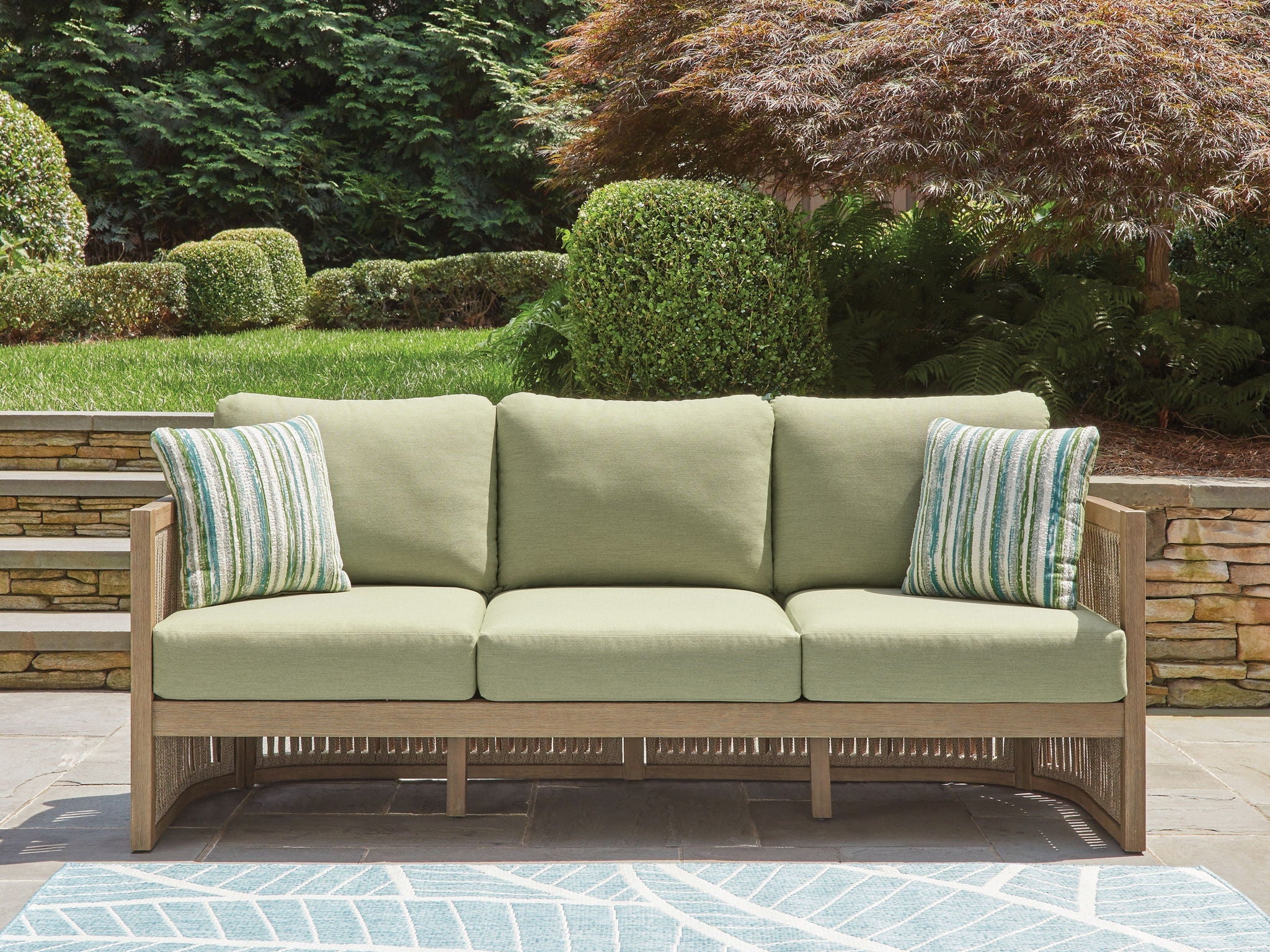 Outdoor Beige Green Cushioned Sofa with Pillows-1