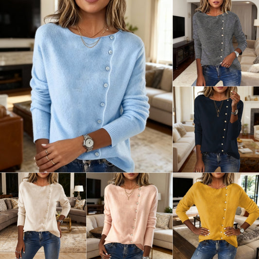 Elegante suéter de punto de manga larga con cuello redondo y botones para mujer, tops de punto para otoño y primavera