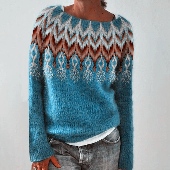 Pull en maille décontracté ample à col rond multicolore pour femme