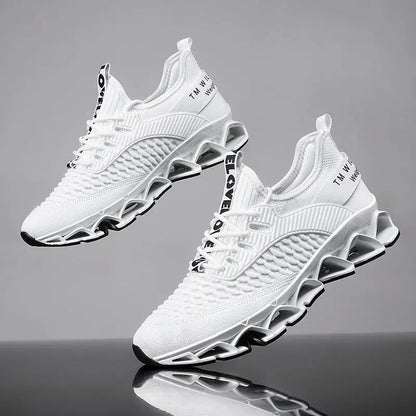 Blade Premium Mesh Running Shoes by AdTec, a white pair with subtle lightning trim.
