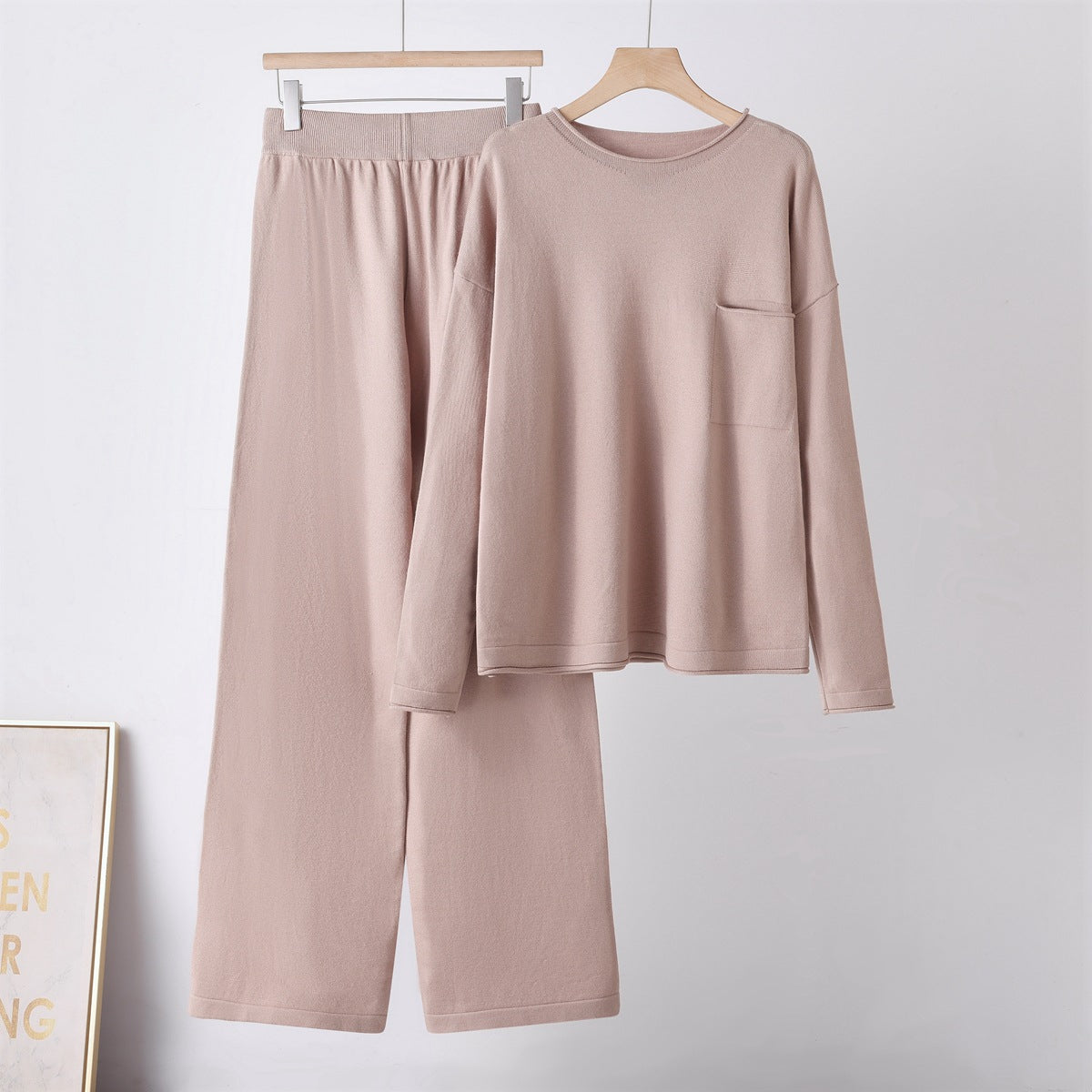 Round Neck Pocket Sweater  Loose Casual Wide-Leg Pants for Women