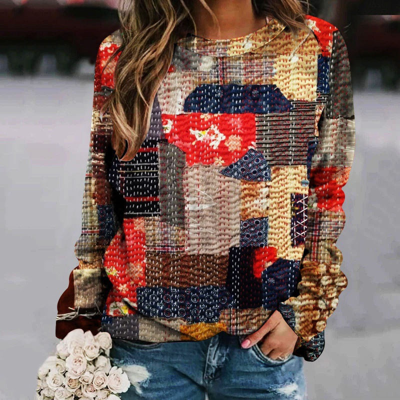 Pull femme à manches longues raglan, col rond et imprimé patchwork