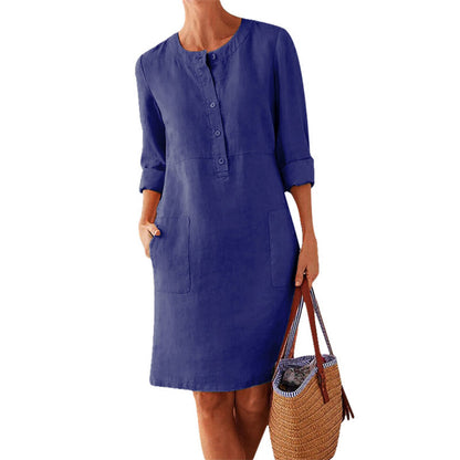 Robe longue à manches longues et col rond en coton et lin pour femmes grandes tailles