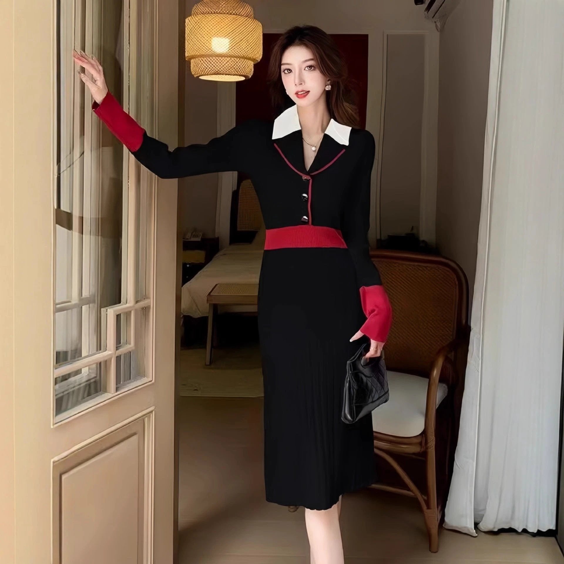 French Vintage Turn-Down Collar Knit Dress for Women, Autumn/Winter New Style Elegant Fitted Waistline Chic Sweater Dress with by eprolo
