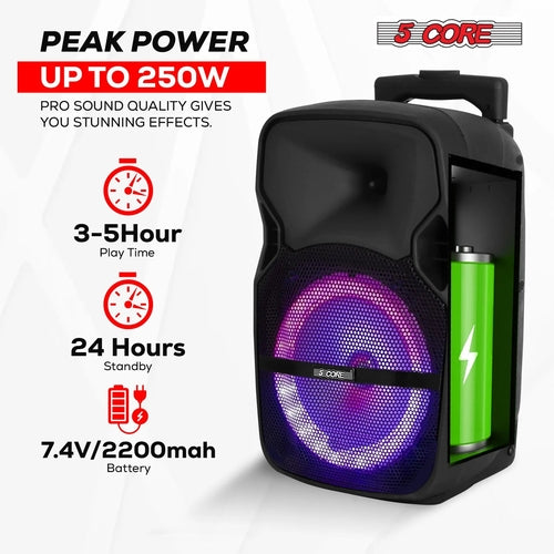 5Core 8 Inch PA Portable Bluetooth Party Speaker Karaoke Boombox + 2