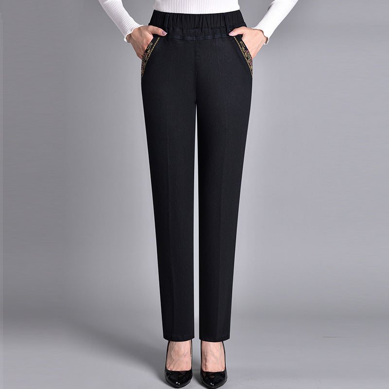 Pantalon en jean taille haute élastique coupe droite