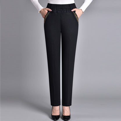 Pantalon en jean taille haute élastique coupe droite