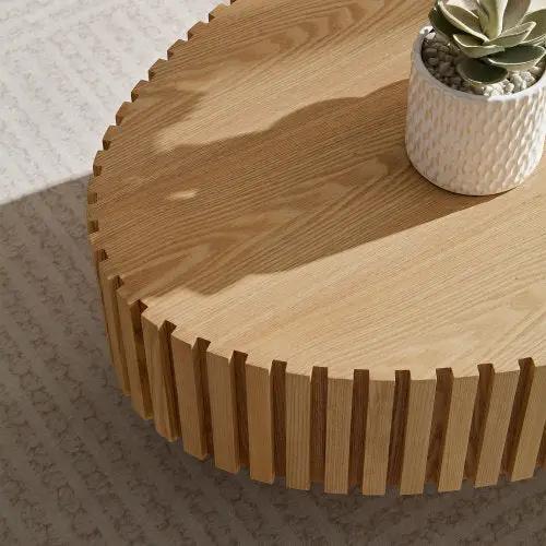 Modern Handmade Drum Coffee Table in natural wood with drum-style radial-slat edges.