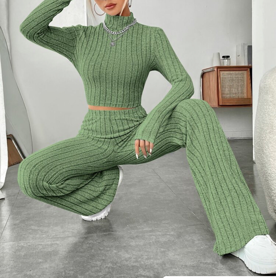 Ensemble Col Roulé Manches Longues et Pantalon Large Taille Haute