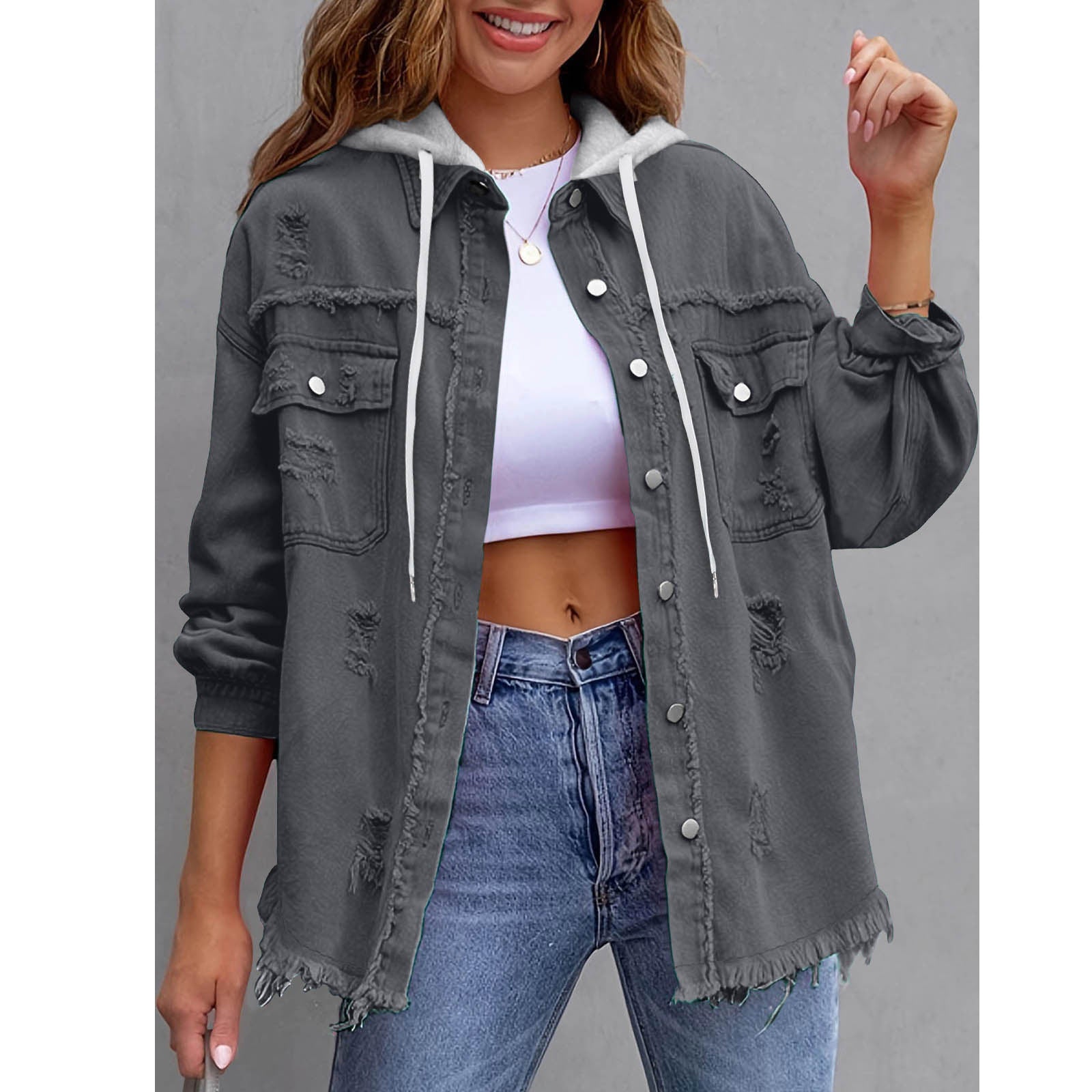 Chaqueta vaquera con capucha holgada de color liso para mujer