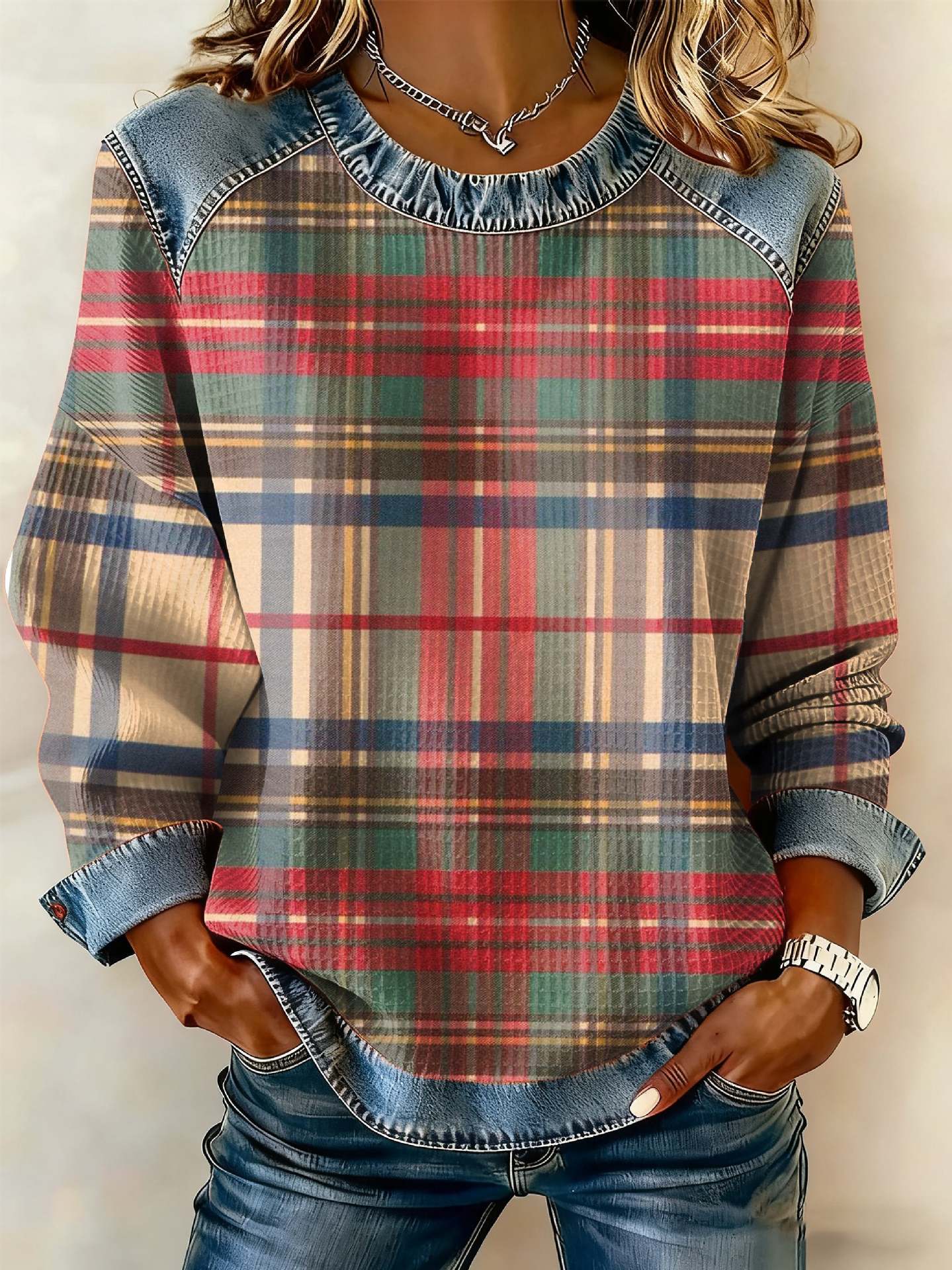 Sweat-shirt à manches longues et col rond imprimé numérique 3D pour femme