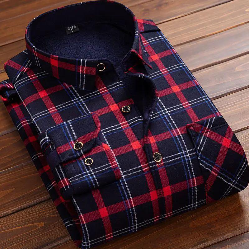 Mens fleece-lined plaid flannel shirt in navy and red, button-front casual outerwear.