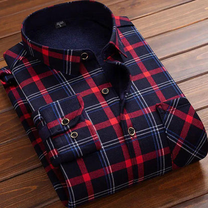 Mens fleece-lined plaid flannel shirt in navy and red, button-front casual outerwear.