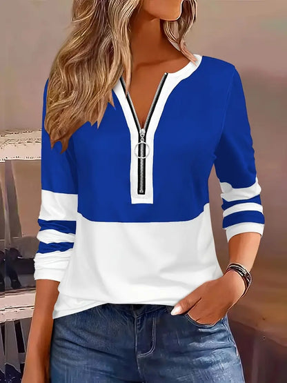 T-shirt à manches longues zippé ample pour femmes, à col en V, avec rayures contrastantes