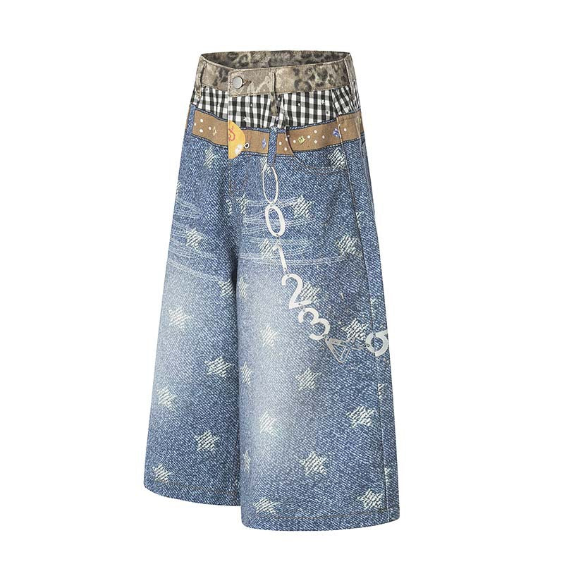Star 3D digital printed washed denim cropped pants