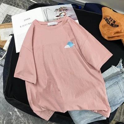 Vintage-inspired Loose Cartoon Embroidered Girl's Short Sleeve T-Shirt Women Fashion Casual Oversized Top by eprolo
