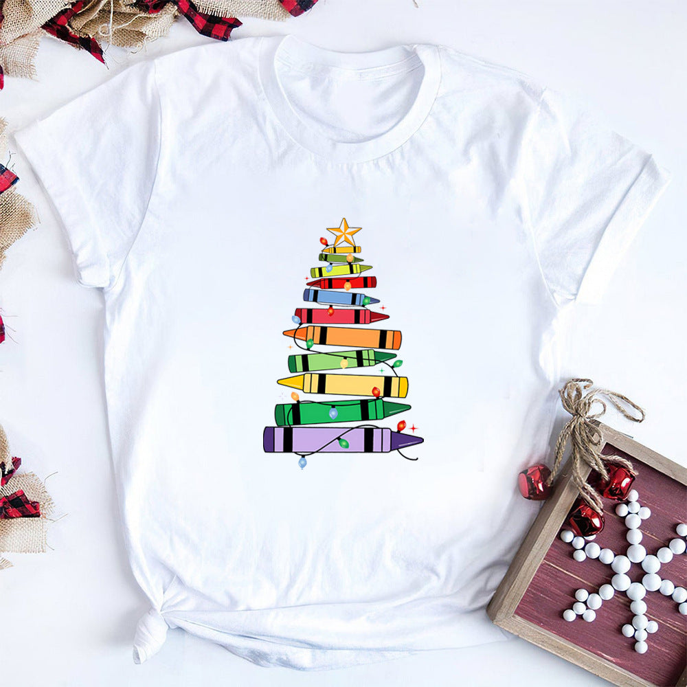 Camiseta de mujer con diseño de árbol de Navidad de crayones