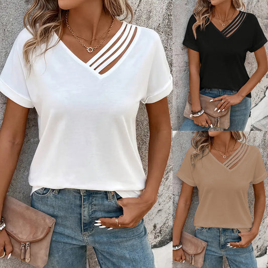 Top de mujer de verano con cuello de pico, ajustado, de manga corta, con cuello cruzado.