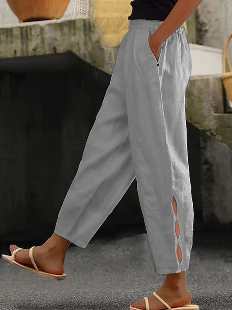 Pantalon d'été pour femme, détails creux à la cheville, avec boutons à l'ourlet