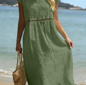 Robe élégante en coton et lin à col rond avec broderie en dentelle