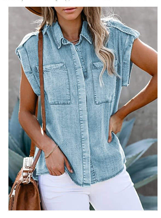 Chemisier en jean sans manches, nouveau style, coupe droite, poches, pour femme
